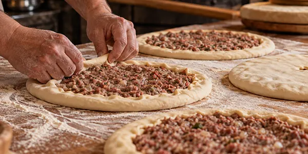 Повар готовит осетинские пироги с мясом аккуратно, внимательно и с любовью